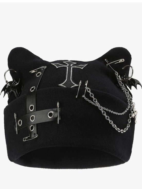 Black Gothic Cat Ear Beanie with Chains & Cross Detail
